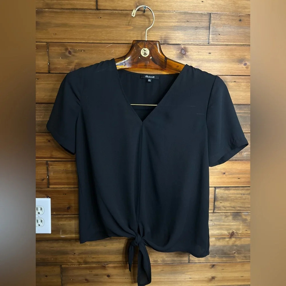 Madewell Novel Tie-Front Top Black Blouse Drapey V-Neck Short Sleeve size xxs - Picture 2 of 7